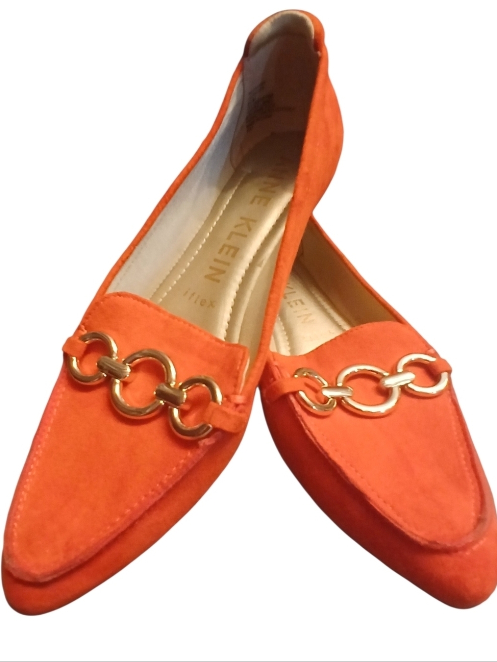 Orange suede flats by Anne Klein, prominent gold-tone chain link detail, 6.5M